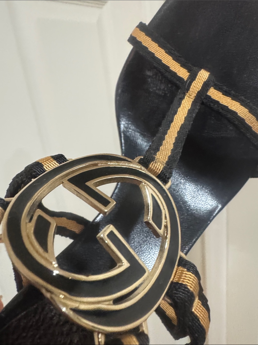 Gucci/Black Leather/Gold FabricT-Strap Heels/Buckle @ Ankle/GOLD GG Accent! 6.5! - Picture 10 of 16